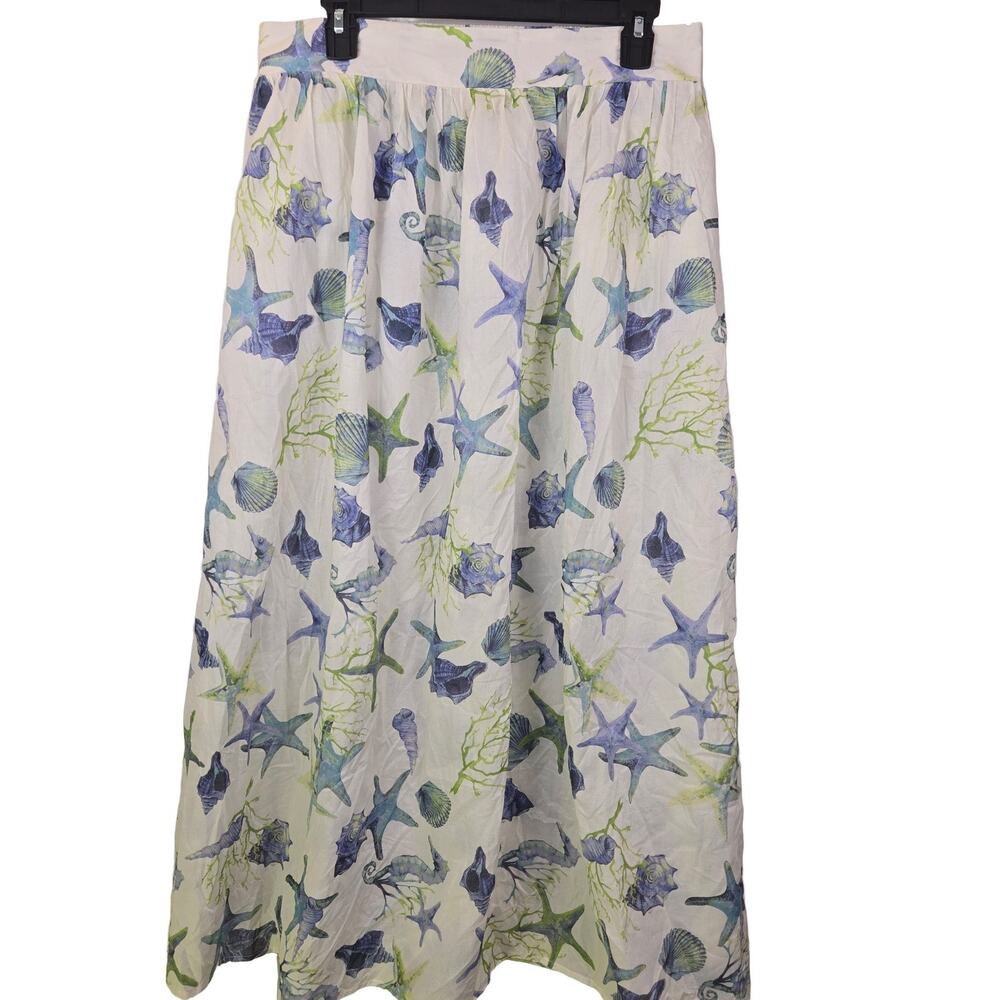 Elie Tahari Marine Life Print Skirt Women's L Cotton White Blue Green Coastal nw